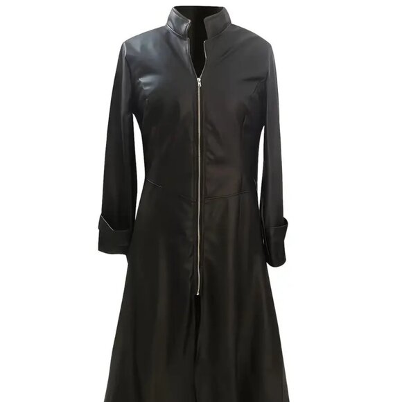 Black Faux Leather Zip Long Maxi Coat - Picture 2 of 8